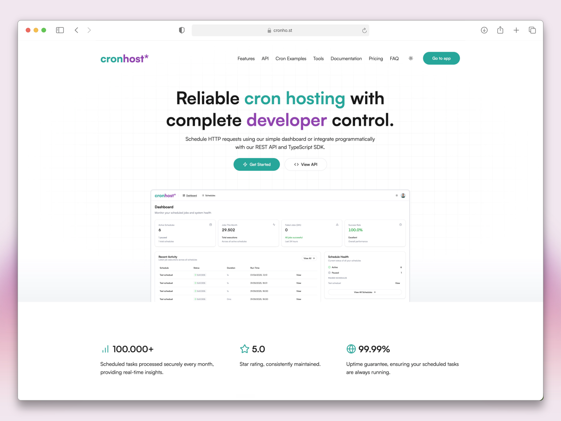 cronhost landing page showing cron scheduling dashboard