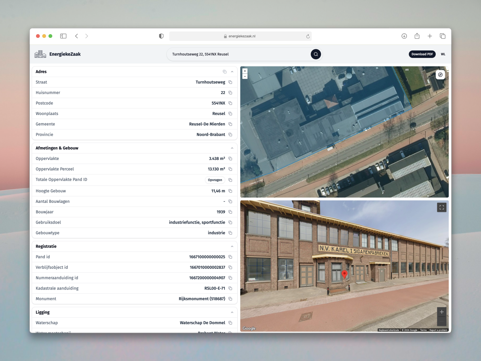 EnergiekeZaak interface showing address data, maps, and building information