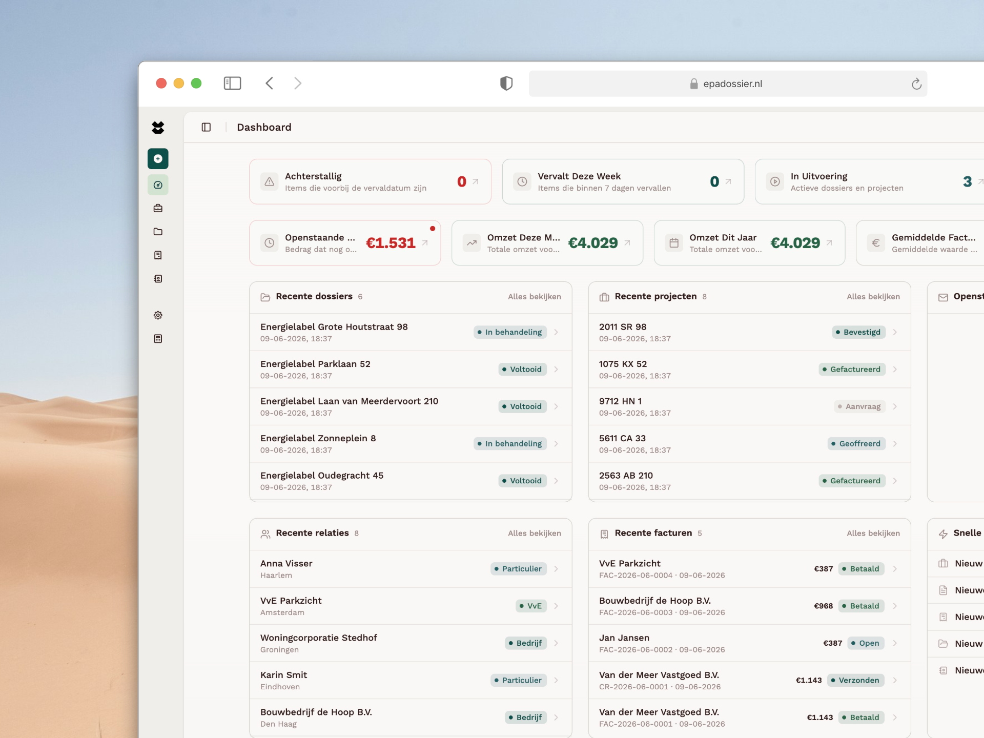 EPAdossier dashboard with dossiers, projects, invoices, and registrations