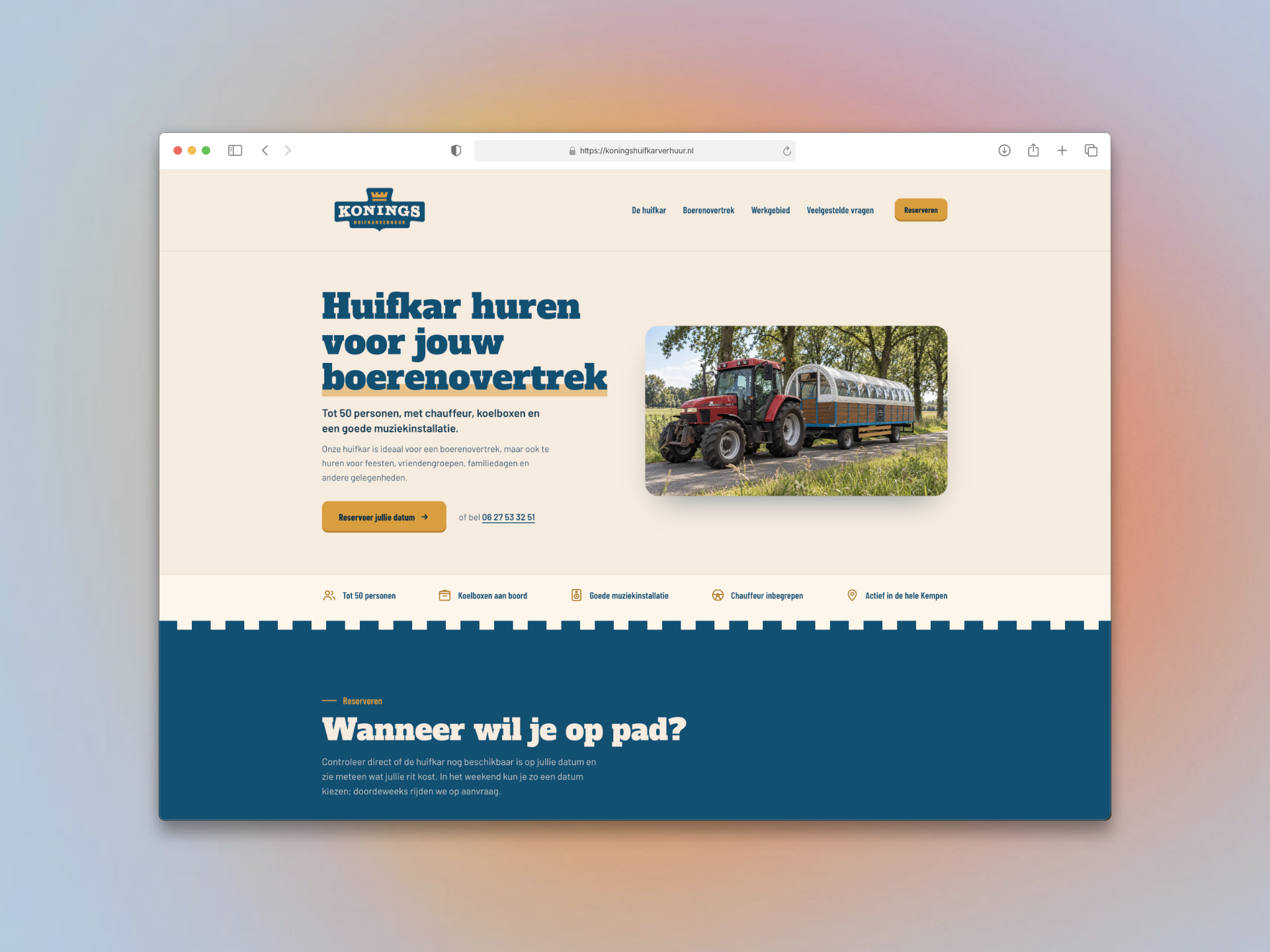Konings Huifkarverhuur website with a tractor and covered wagon and an availability section
