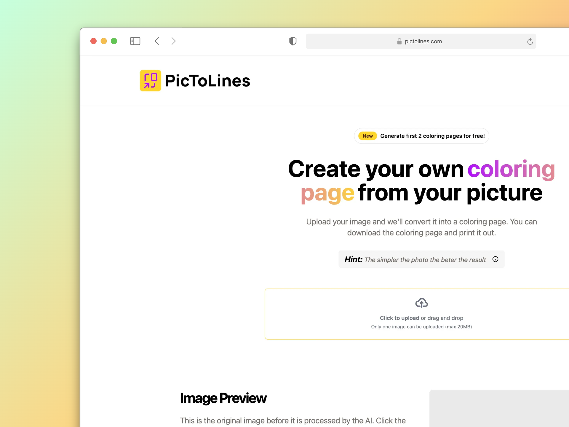PicToLines upload interface for generating coloring pages
